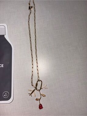 Gold Tone Necklace with Red Rose Pendant "A" necklace